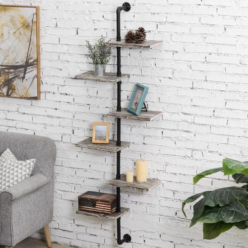Wall Mounted Industrial Style Metal & Torched Wood Display Shelf - MyGift