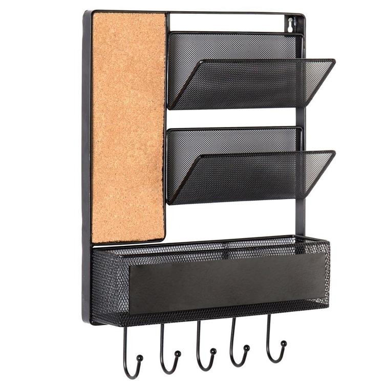 Wall Mounted Mesh Metal Hanging Mail Sorter w/ Chalkboard, Cork Board & Key Hooks, Black - MyGift Enterprise LLC