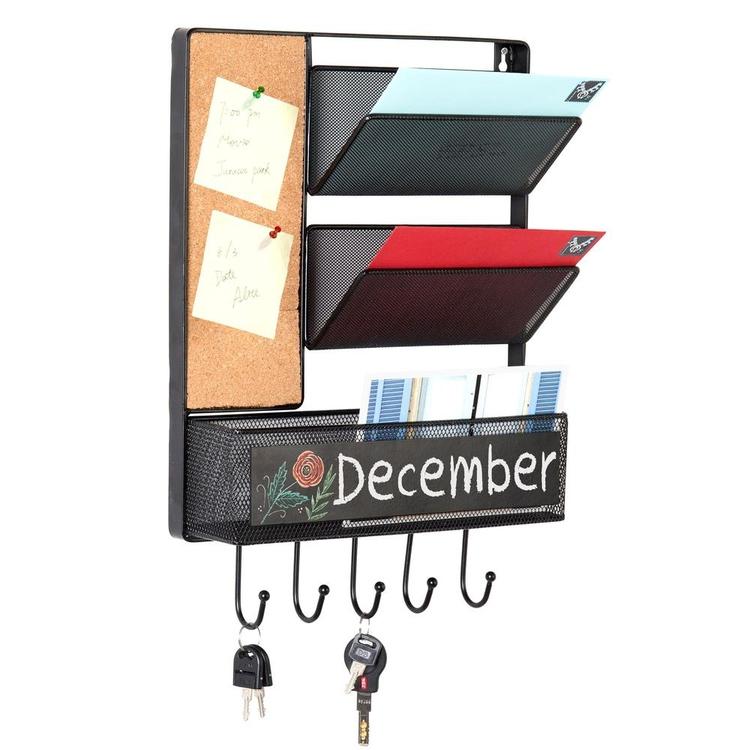 Wall Mounted Mesh Metal Hanging Mail Sorter w/ Chalkboard, Cork Board & Key Hooks, Black - MyGift Enterprise LLC