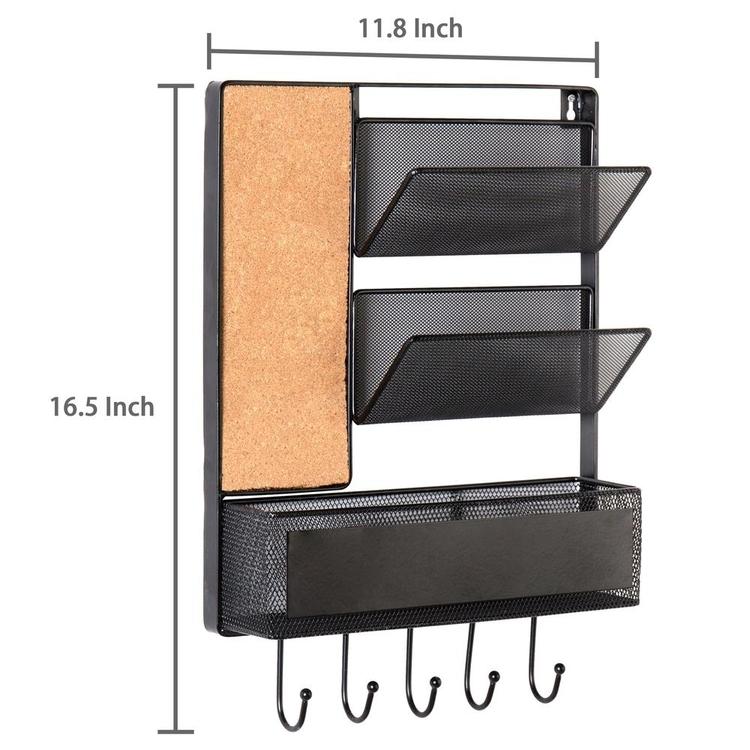 Wall Mounted Mesh Metal Hanging Mail Sorter w/ Chalkboard, Cork Board & Key Hooks, Black - MyGift Enterprise LLC