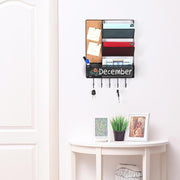 Wall Mounted Mesh Metal Hanging Mail Sorter w/ Chalkboard, Cork Board & Key Hooks, Black - MyGift Enterprise LLC