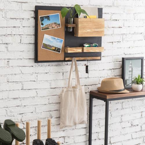 Wall-Mounted Organizer with Cork Bulletin Board, Mail Holder, Key Hooks, Flower Vase - MyGift