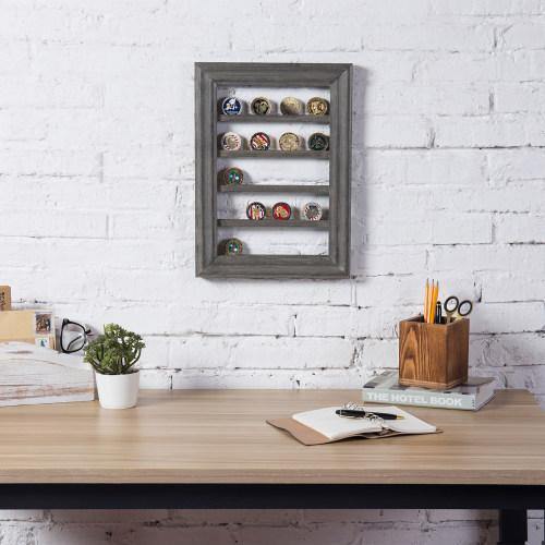 Wall Mounted Vintage Gray Wood Challenge Coin Display Rack - MyGift