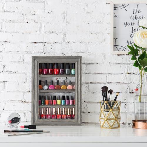 Wall-Mounted Vintage Gray Wood Nail Polish & Essential Oil Rack - MyGift