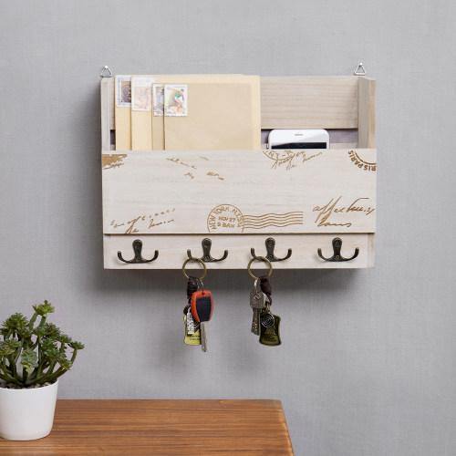 Wall Mounted Vintage Postage Stamp Mail Sorter with Key Hooks MyGift