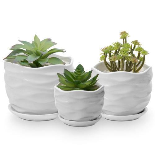Wave Textured White Ceramic Planters with Saucers, Set of 3 - MyGift