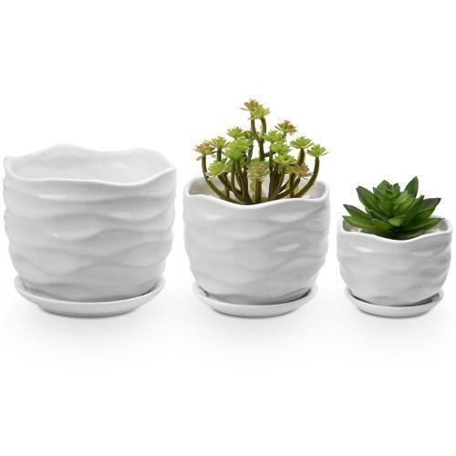 Wave Textured White Ceramic Planters with Saucers, Set of 3 - MyGift