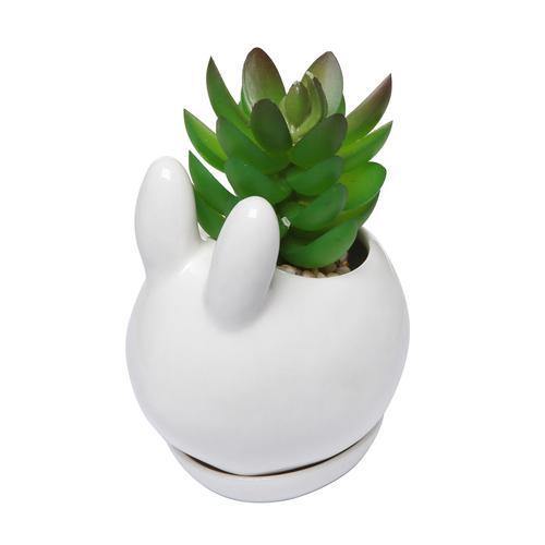 White Bunny Mini Ceramic Succulent Planter w/Saucer - MyGift