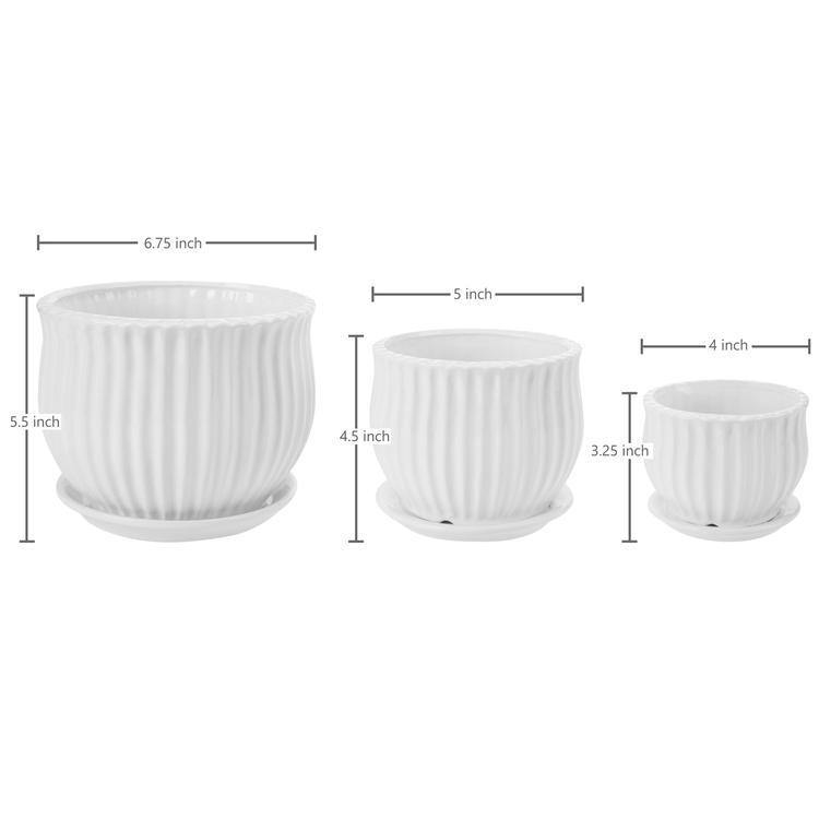 White Ceramic Pots with Saucers, Set of 3 - MyGift