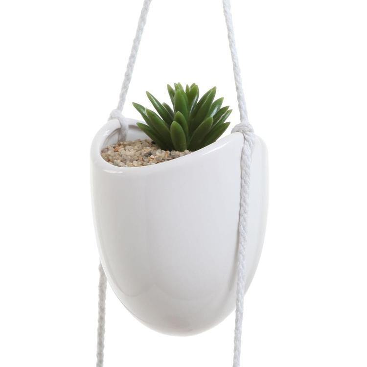 White Ceramic Rope Hanging Planter Set with 4 Containers - MyGift