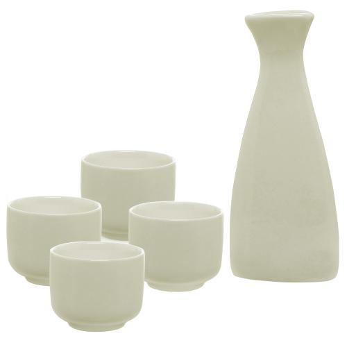 White Ceramic Sake Serving Carafe and 4 Cups - Traditional Japanese Style 5 Piece Gift Set - MyGift Enterprise LLC
