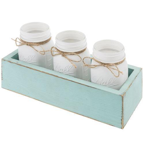 White Glass Mason Jars in Vintage Aqua Blue Wood Box Tray - MyGift