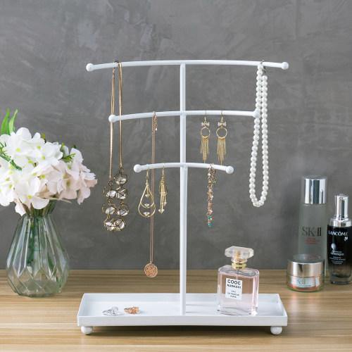 White Metal Curved T-Bar Jewelry Stand with Ring Tray - MyGift