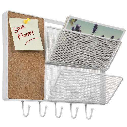 White Metal Mesh Mail Sorter Rack with Cork Board & Key Hooks - MyGift