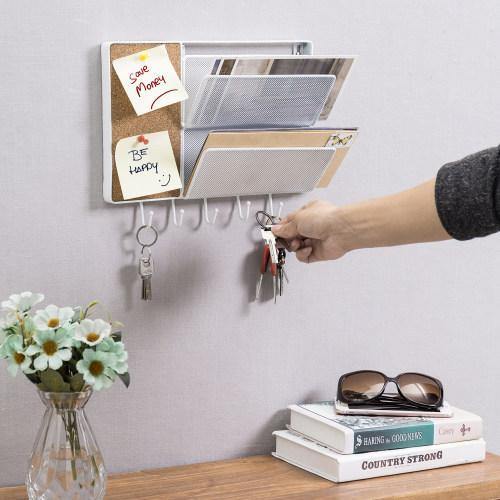 White Metal Mesh Mail Sorter Rack with Cork Board & Key Hooks - MyGift