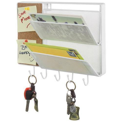 White Metal Mesh Mail Sorter Rack with Cork Board & Key Hooks - MyGift