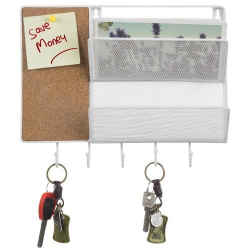 White Metal Mesh Mail Sorter Rack with Cork Board & Key Hooks - MyGift