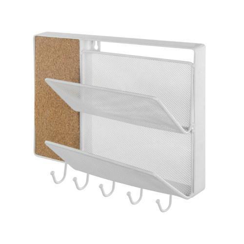White Metal Mesh Mail Sorter Rack with Cork Board & Key Hooks - MyGift