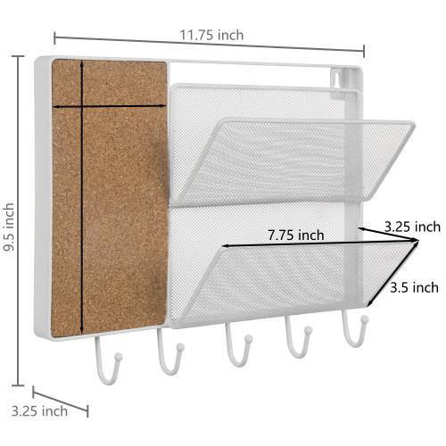 White Metal Mesh Mail Sorter Rack with Cork Board & Key Hooks - MyGift