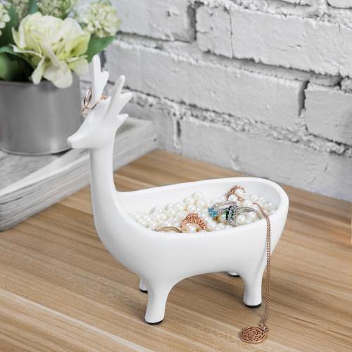 White Resin Deer Design Jewelry Stand with Dish - MyGift