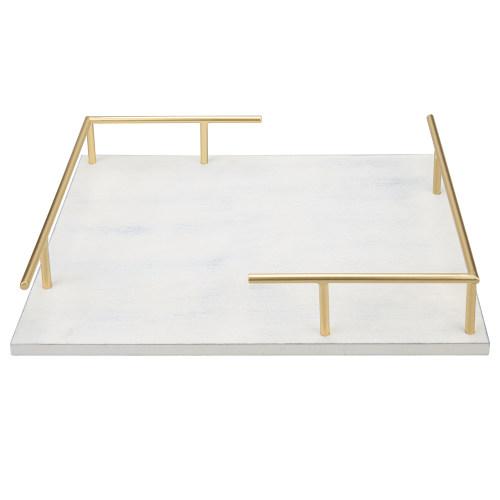 White Wood Vanity Tray with Brass Tone Metal Handles