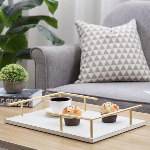White Wood Vanity Tray with Brass Tone Metal Handles