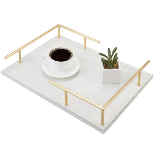 White Wood Vanity Tray with Brass Tone Metal Handles