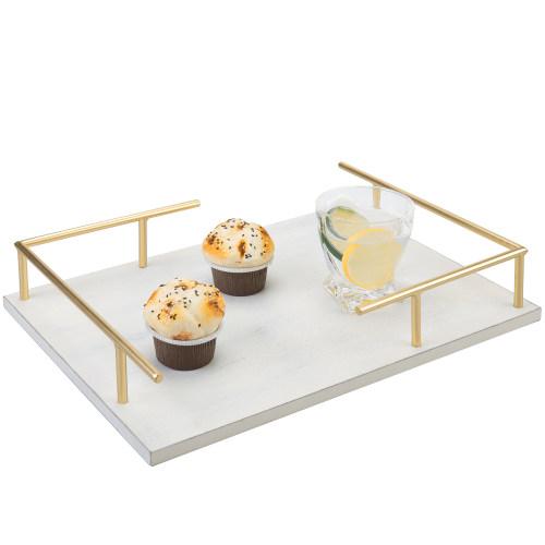 White Wood Vanity Tray with Brass Tone Metal Handles