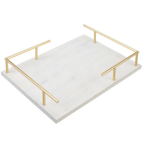 White Wood Vanity Tray with Brass Tone Metal Handles