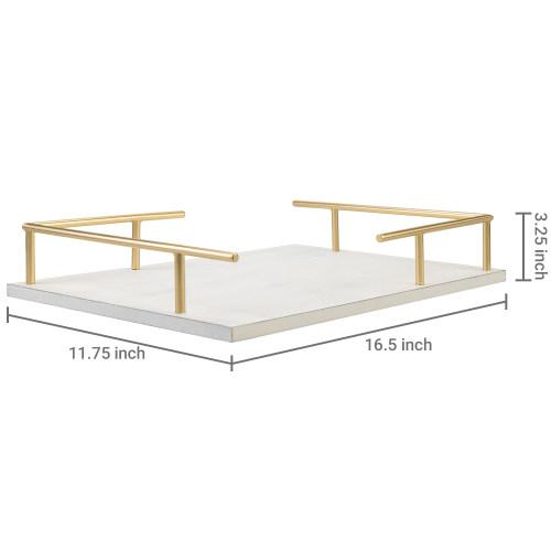 White Wood Vanity Tray with Brass Tone Metal Handles