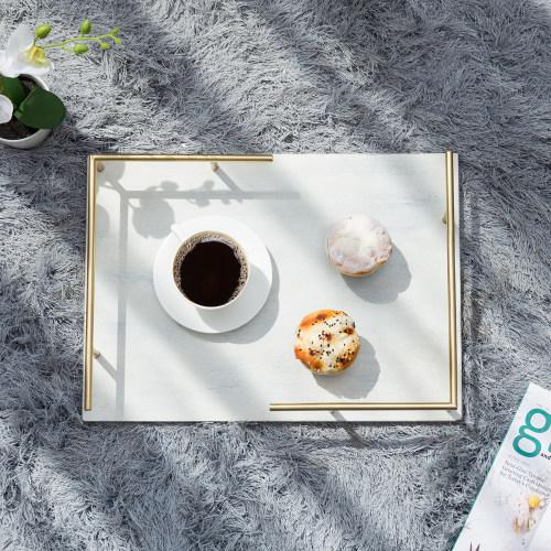 White Wood Vanity Tray with Brass Tone Metal Handles