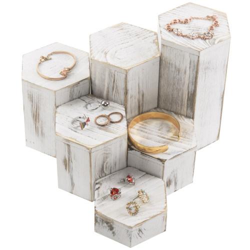 Whitewashed Hexagonal Jewelry Display Riser Stands, Set of 6