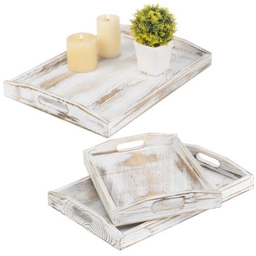 Whitewashed Nesting Wood Serving Trays with Cutout Handles, Set of 3