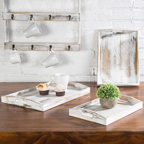 Whitewashed Nesting Wood Serving Trays with Cutout Handles, Set of 3
