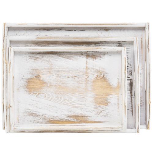 Whitewashed Nesting Wood Serving Trays with Cutout Handles, Set of 3