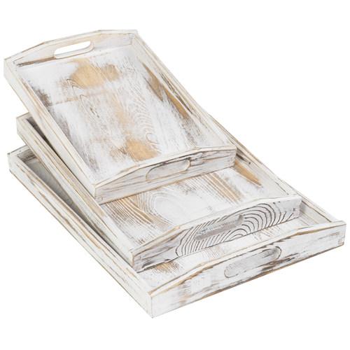 Whitewashed Nesting Wood Serving Trays with Cutout Handles, Set of 3