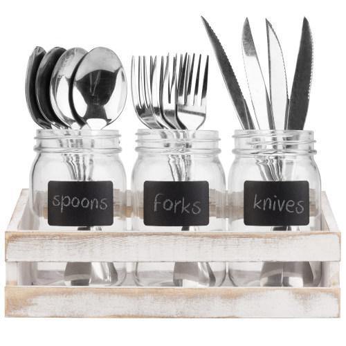 Whitewashed Utensil Organizer With Mason Jars & Chalkboard Labels - MyGift