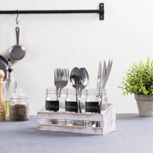 Whitewashed Utensil Organizer With Mason Jars & Chalkboard Labels - MyGift