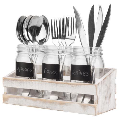 Whitewashed Utensil Organizer With Mason Jars & Chalkboard Labels - MyGift