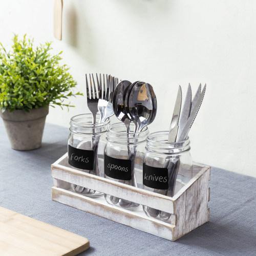 Whitewashed Utensil Organizer With Mason Jars & Chalkboard Labels - MyGift