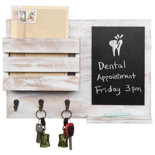 Whitewashed Wall Mounted Mail Sorter with Chalkboard, Hooks & Shelf - MyGift