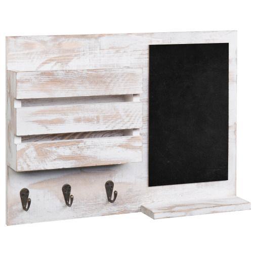 Whitewashed Wall Mounted Mail Sorter with Chalkboard, Hooks & Shelf - MyGift