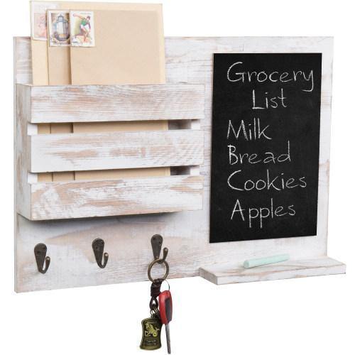 Whitewashed Wall Mounted Mail Sorter with Chalkboard, Hooks & Shelf - MyGift