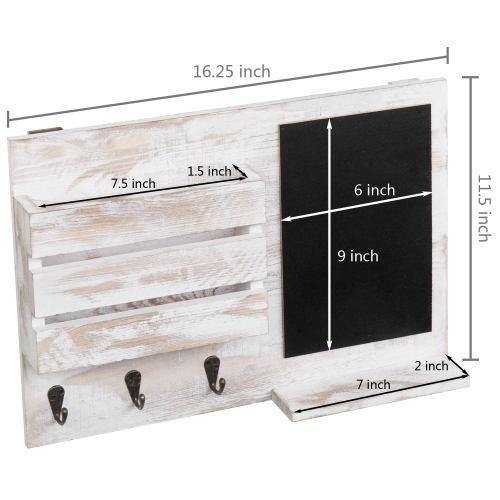 Whitewashed Wall Mounted Mail Sorter with Chalkboard, Hooks & Shelf - MyGift