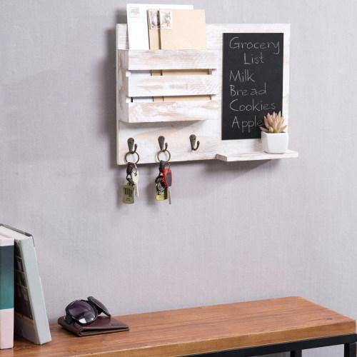 Whitewashed Wall Mounted Mail Sorter with Chalkboard, Hooks & Shelf - MyGift