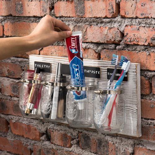Whitewashed Wall Mounted Wood Mason Jar Organizer - MyGift