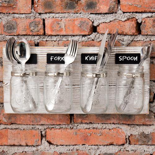 Whitewashed Wall Mounted Wood Mason Jar Organizer - MyGift