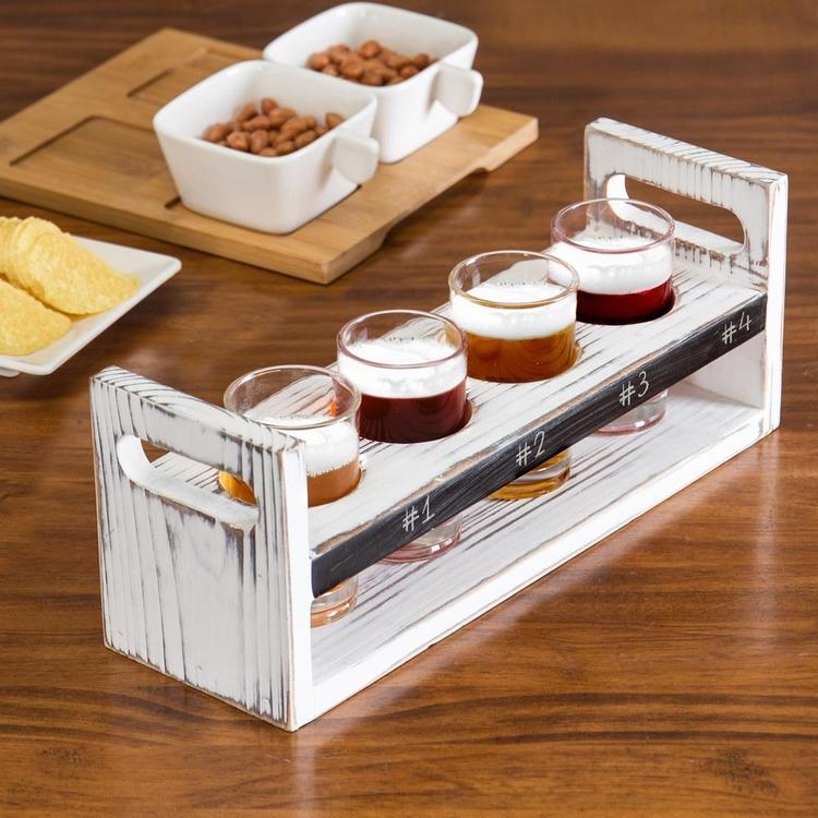 Rustic Antique White Wood 5 pc Craft Beer Flight Tasting Serving Set with 4 Glasses & Chalkboard Panel - MyGift Enterprise LLC