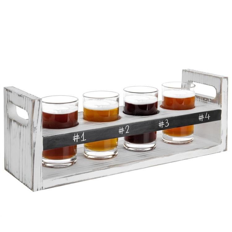 Rustic Antique White Wood 5 pc Craft Beer Flight Tasting Serving Set with 4 Glasses & Chalkboard Panel - MyGift Enterprise LLC