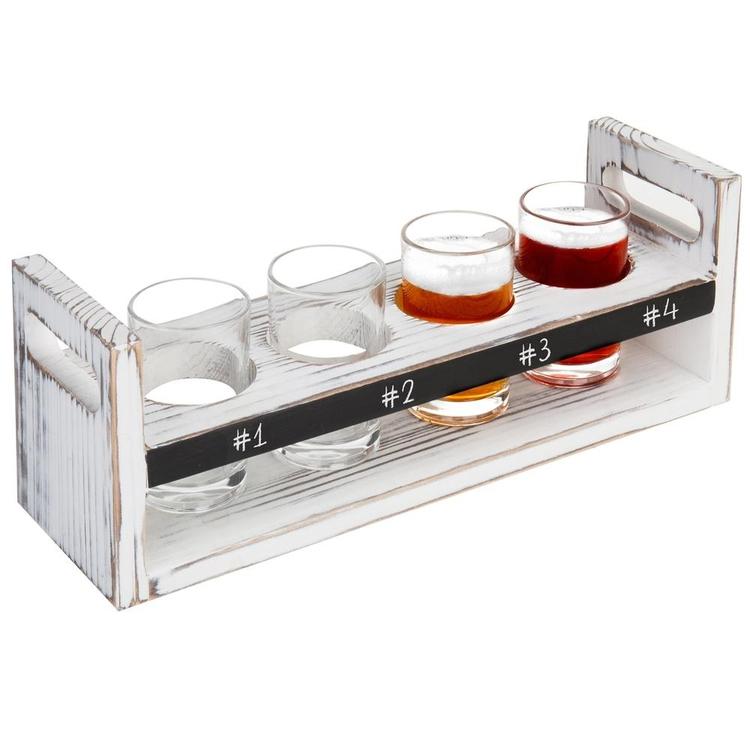 Rustic Antique White Wood 5 pc Craft Beer Flight Tasting Serving Set with 4 Glasses & Chalkboard Panel - MyGift Enterprise LLC